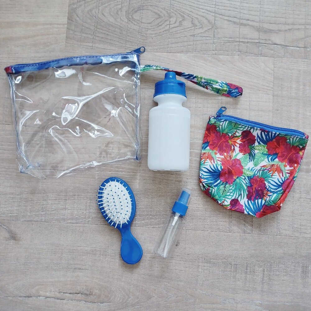 New Travel Kit Including 2 Pouches, Small Brush, Water Bottle, Spray Bottle